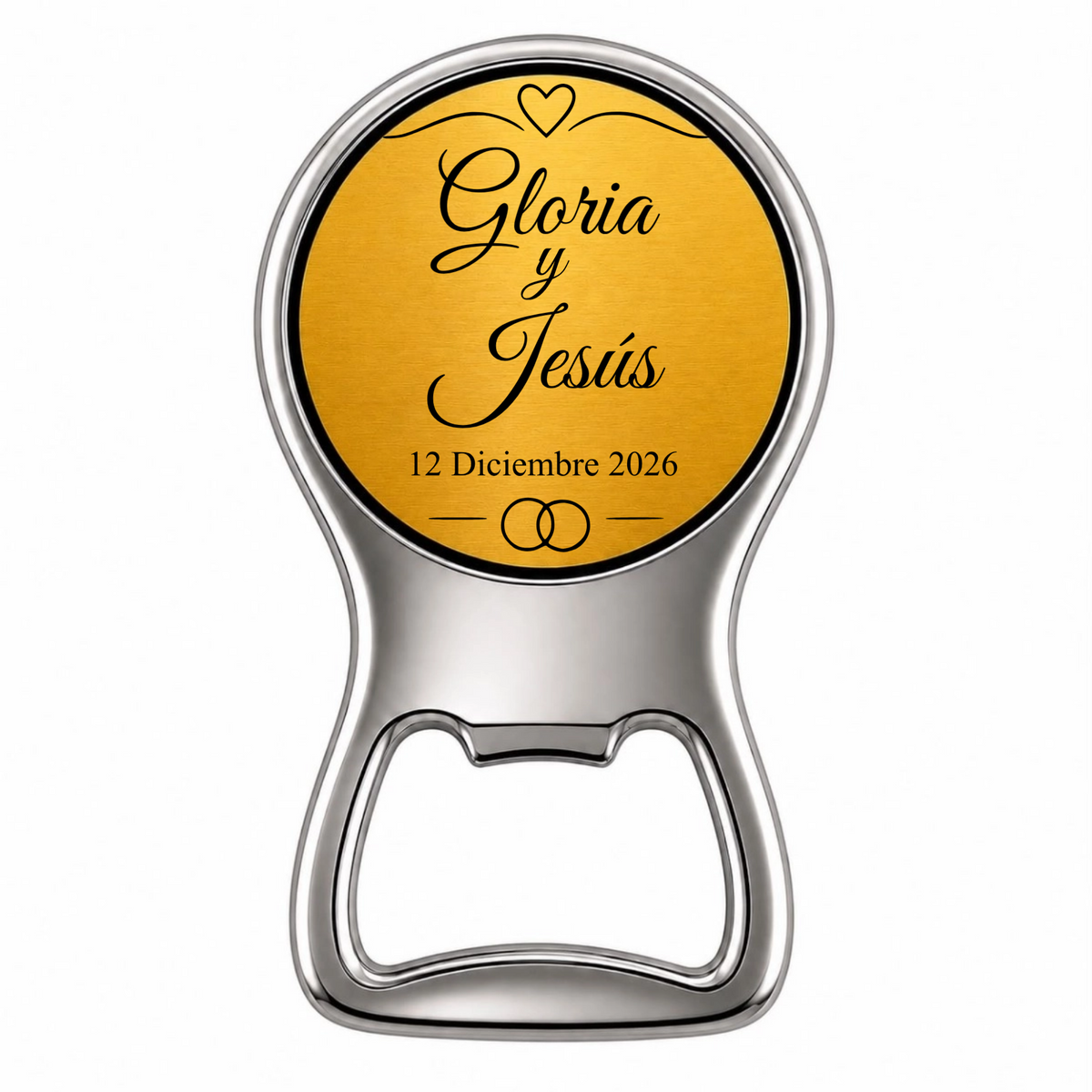 Recuerdo personalizado con emblema nupcial. Con Nombres y Fecha. Paquete 10 piezas
