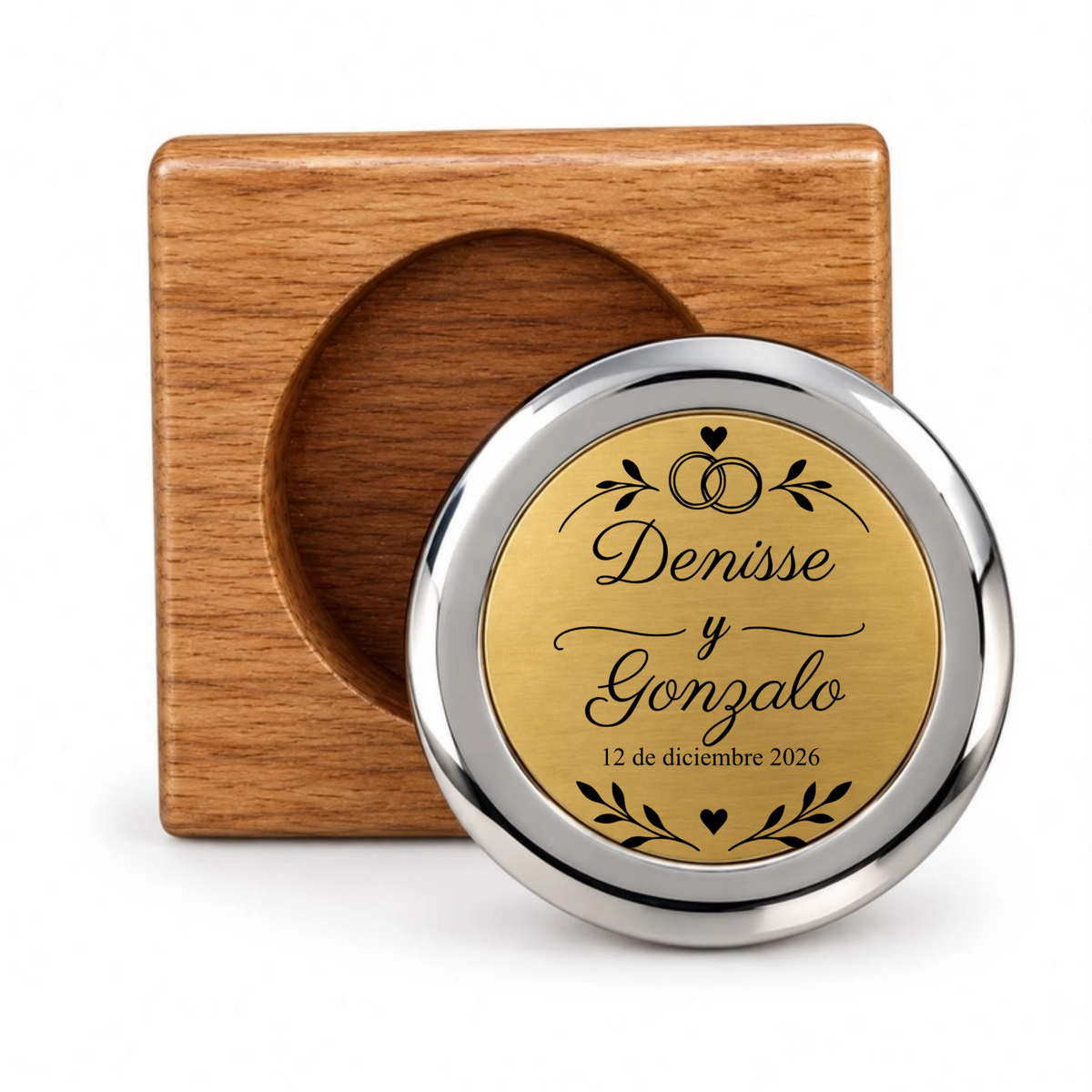 Recuerdo Personalizado para boda. Emblema nupcial con nombres y fecha. Paquete 10 piezas