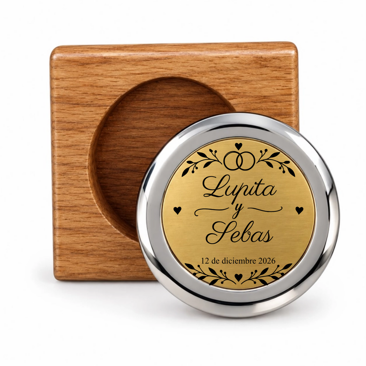 Recuerdo personalizado para boda. Emblema Nupcial con nombres y fecha. Paquete 10 piezas