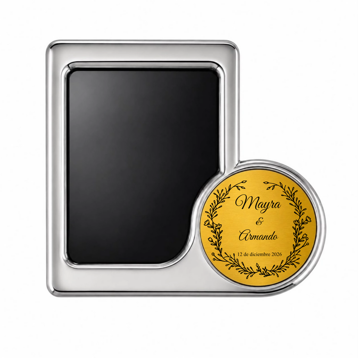 Recuerdo personalizado para boda. Emblema nupcial con nombres y fecha. Paquete 10 piezas.