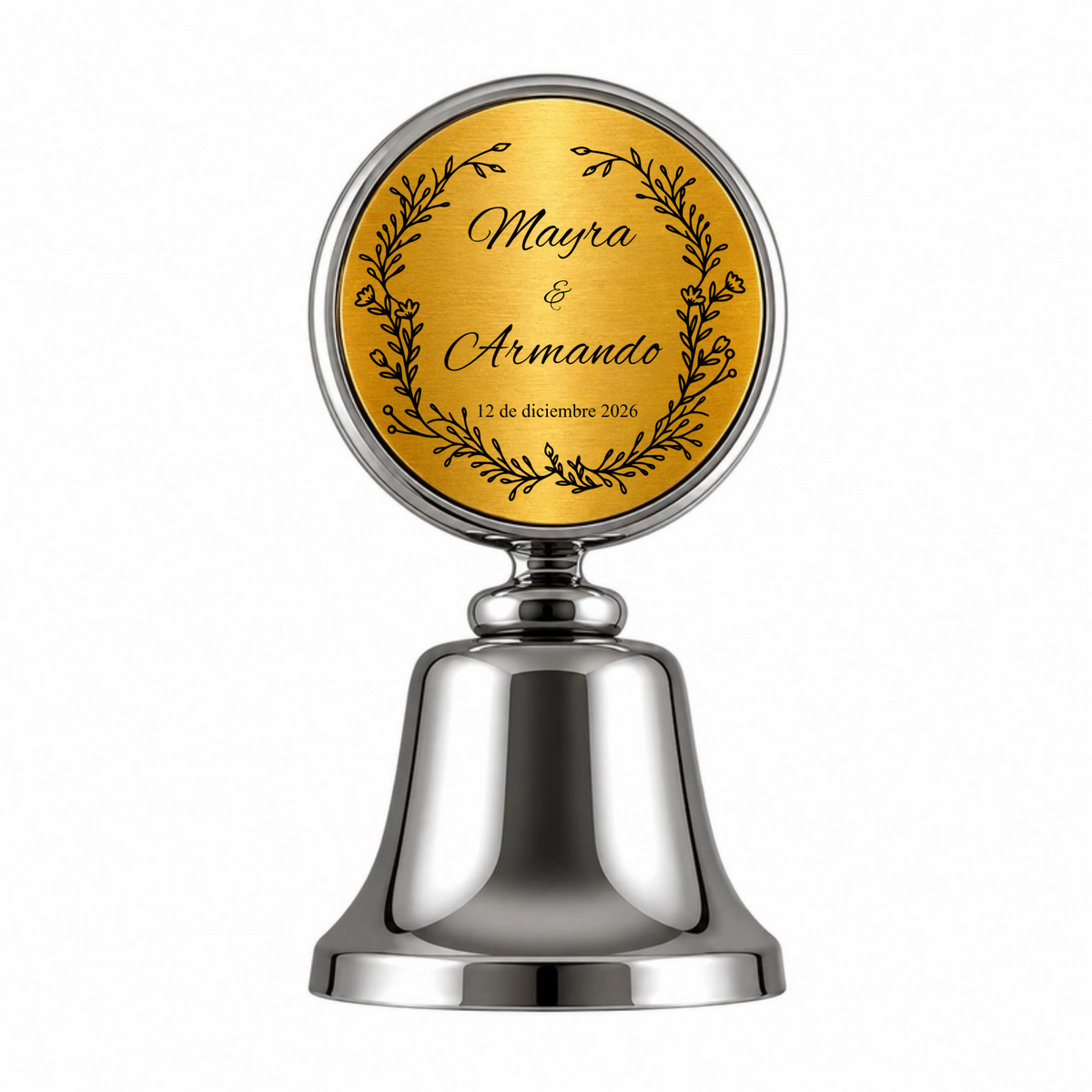 Recuerdo personalizado para boda. Emblema nupcial con nombres y fecha. Paquete 10 piezas.