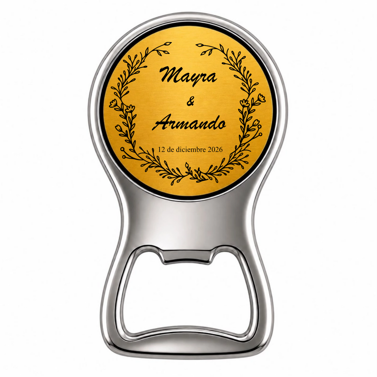 Recuerdo personalizado para boda. Emblema nupcial con nombres y fecha. Paquete 10 piezas.