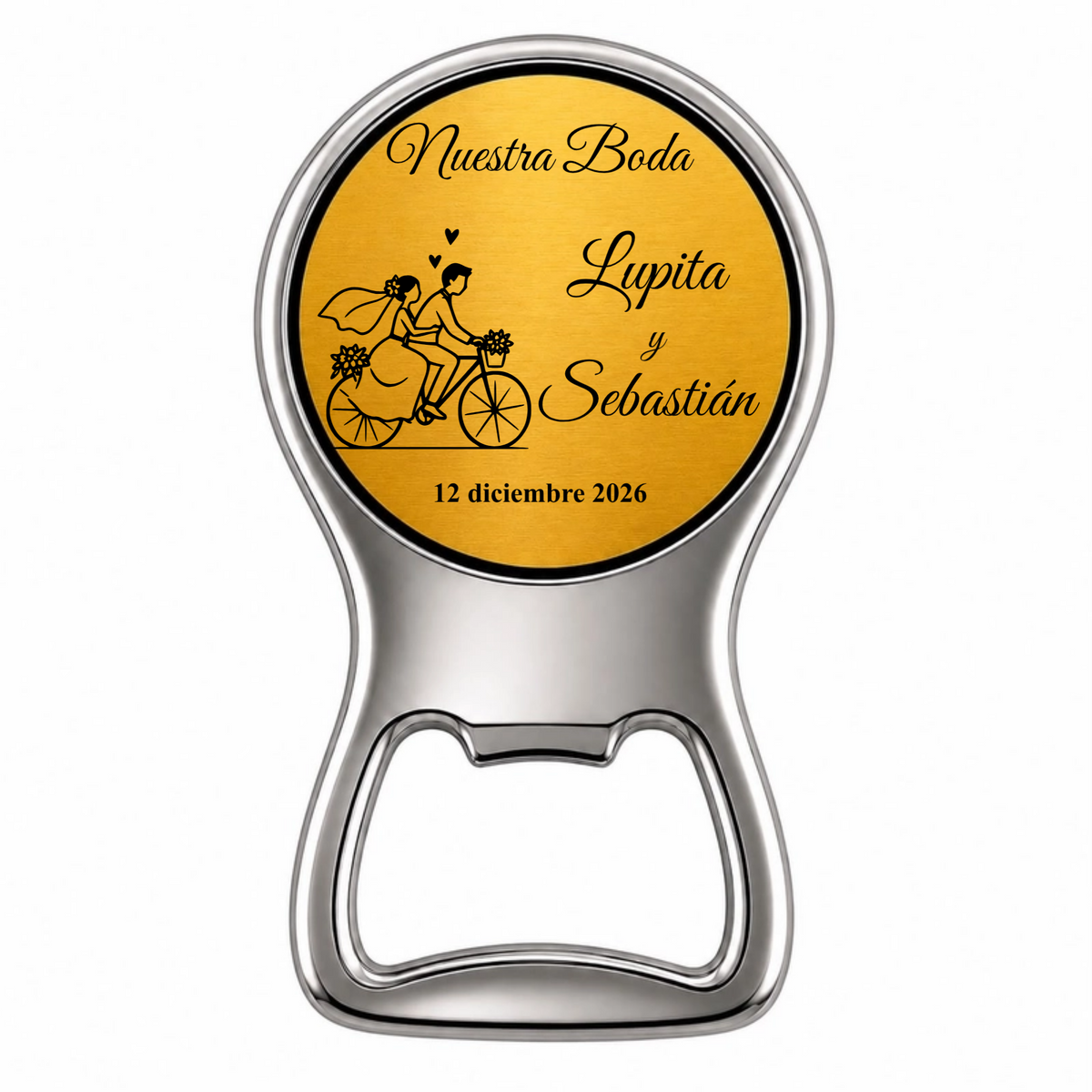 Recuerdo personalizado para boda. Con Nombres, fecha y dibujo: Novios, Novios Bicicleta y Novios París. Paquete 10 piezas