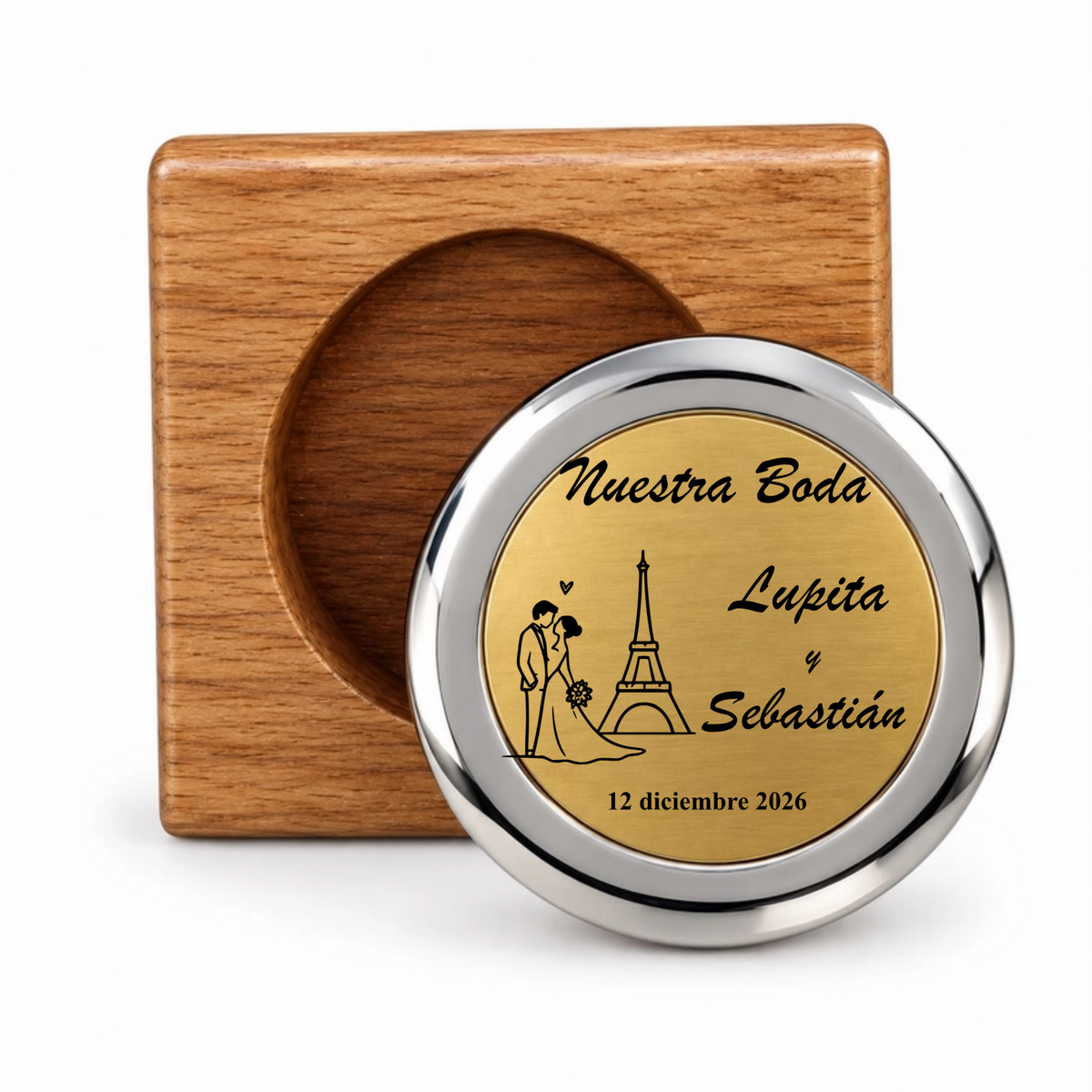 Recuerdo personalizado para boda. Con Nombres, fecha y dibujo: Novios, Novios Bicicleta y Novios París. Paquete 10 piezas