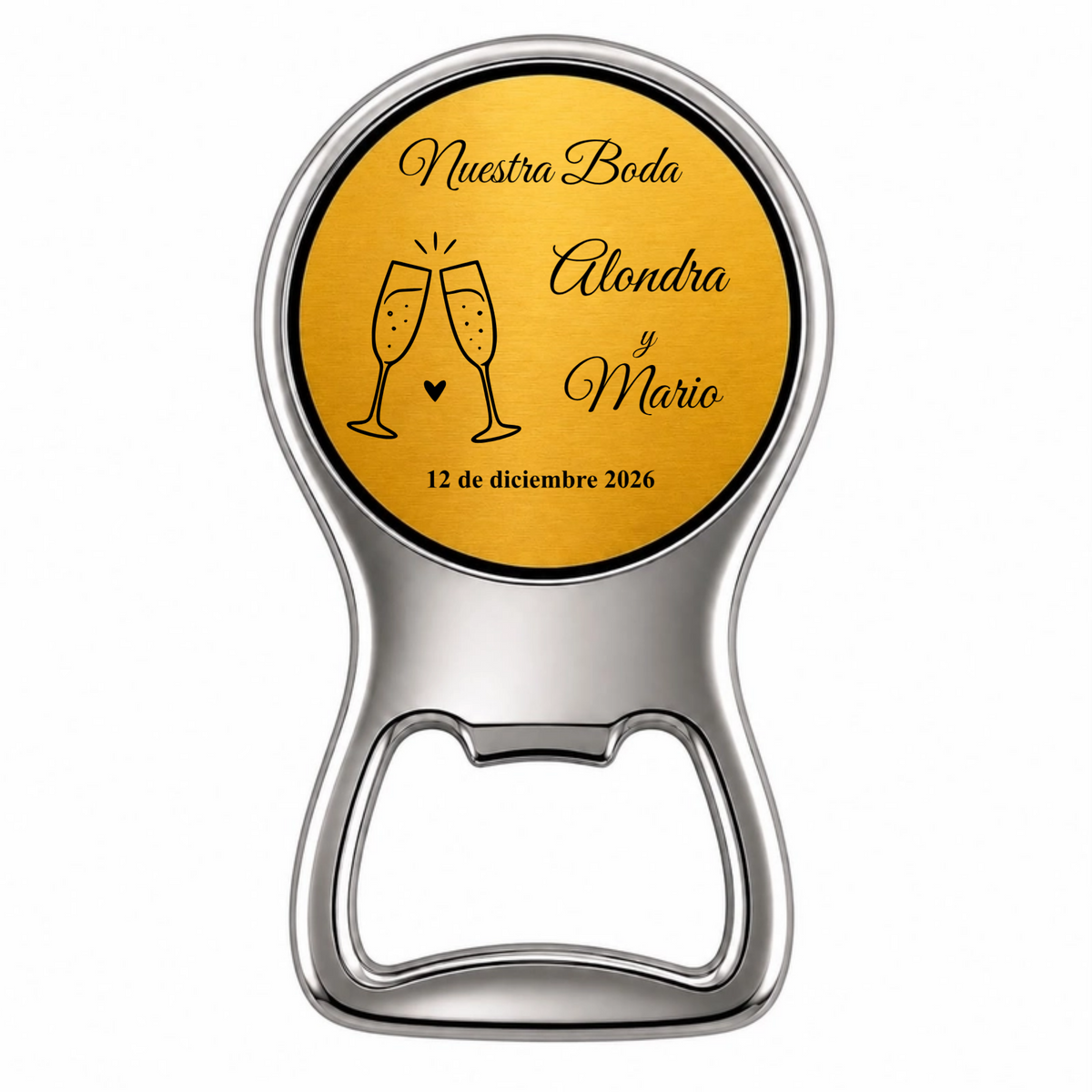 Recuerdo para boda personalizado. Con nombres, fecha y dibujo anillos, copas o ramo. Paquete 10 piezas