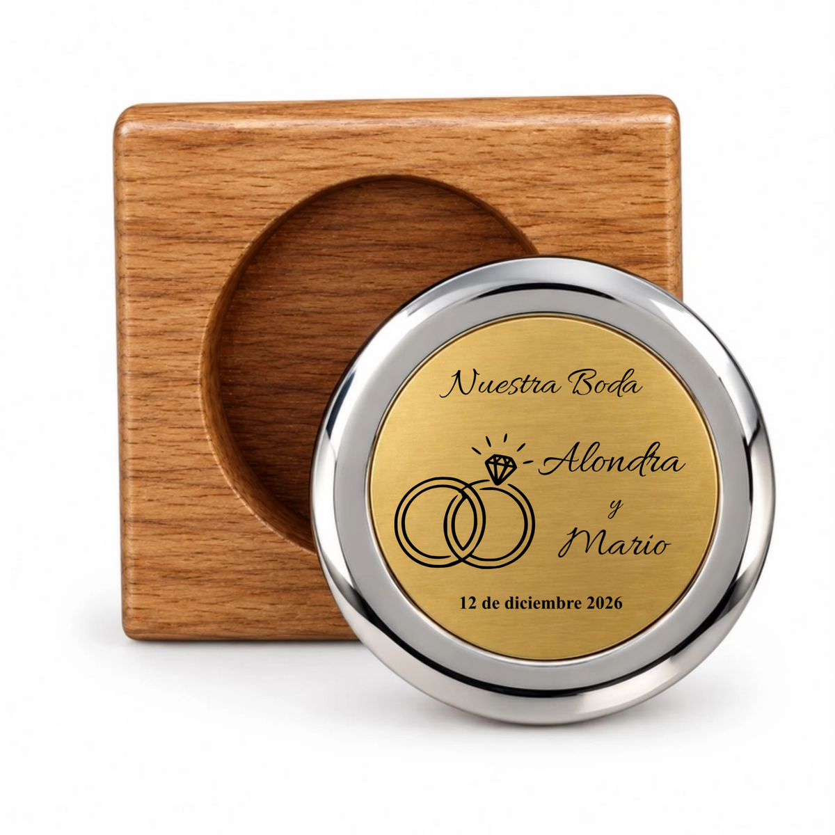 Recuerdo para boda personalizado. Con nombres, fecha y dibujo anillos, copas o ramo. Paquete 10 piezas