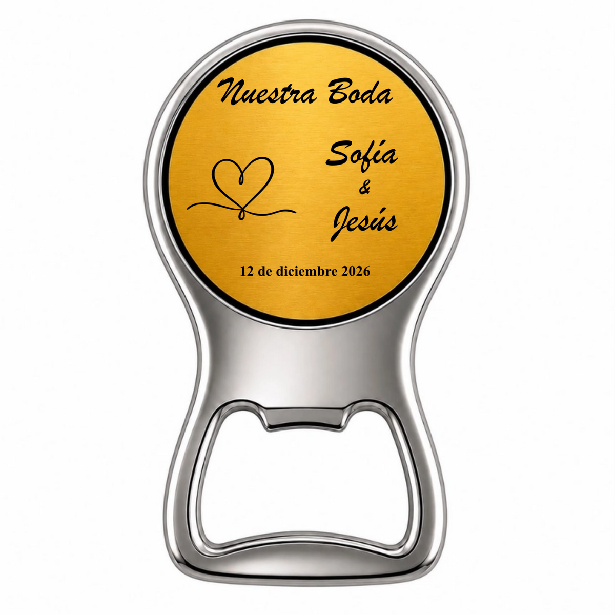 Recuerdo para boda. Diseño con Nombres, Fecha y figura Corazón, Coche con latas o pastel. Paquete 10 piezas