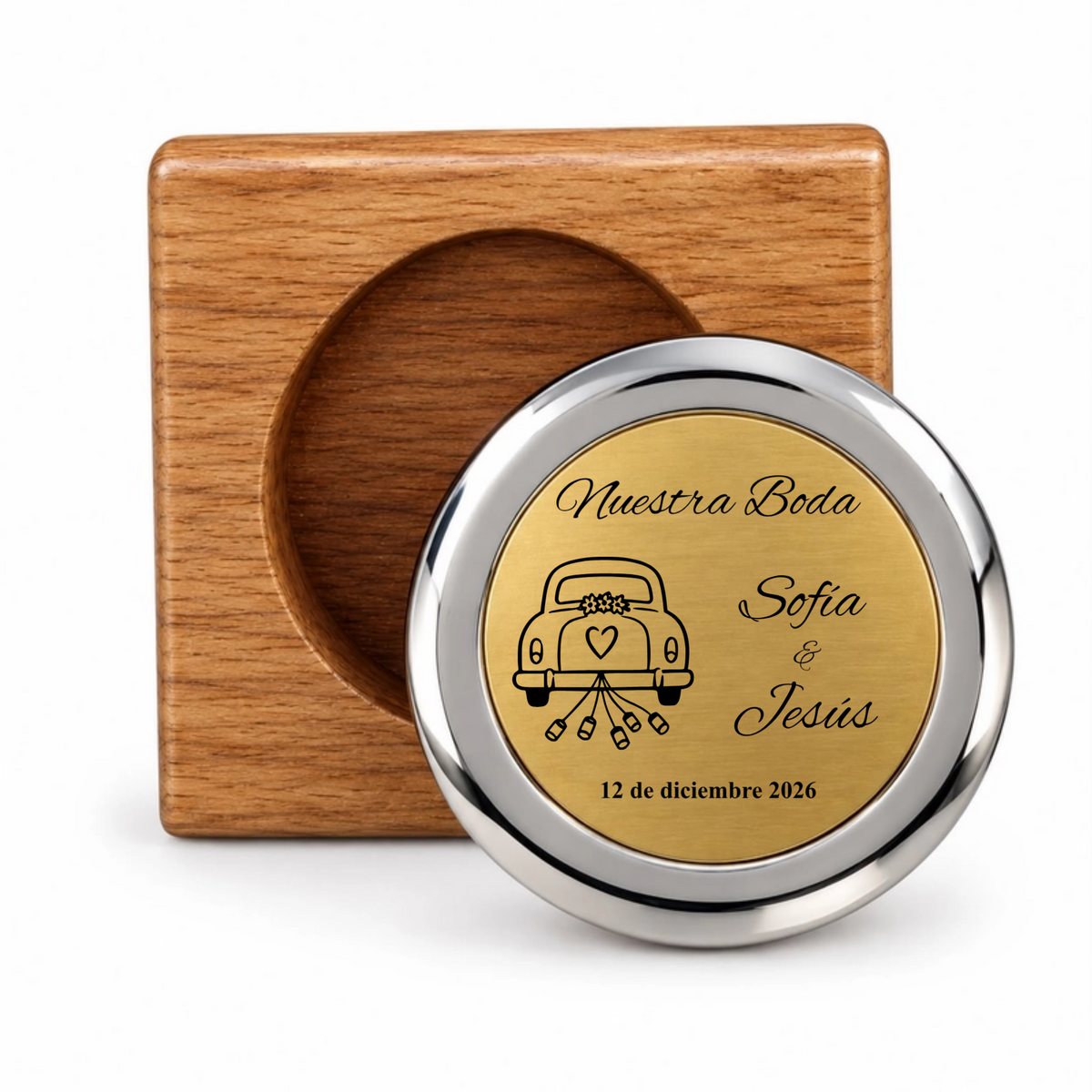 Recuerdo para boda. Diseño con Nombres, Fecha y figura Corazón, Coche con latas o pastel. Paquete 10 piezas