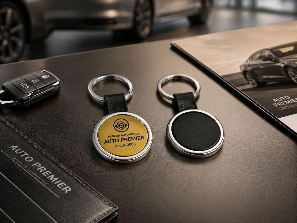 Llavero Personalizado Con Piel – Acabado Metálico Premium - Paquete 50 Piezas